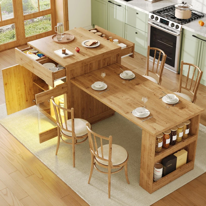 Versatile Kitchen Island with Extendable Table and 2 Drawers, Stylish Storage Cabinet for Dining Areas, 122-195L x 70W x 93.5H cm, Wood