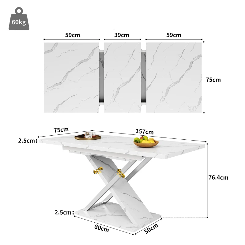 Extendable Dining Table with Locking Silent Metal Guide Rails, Space-Saving Table for 6 to 8 People, 118-157L x 75W x 76.5H cm, White