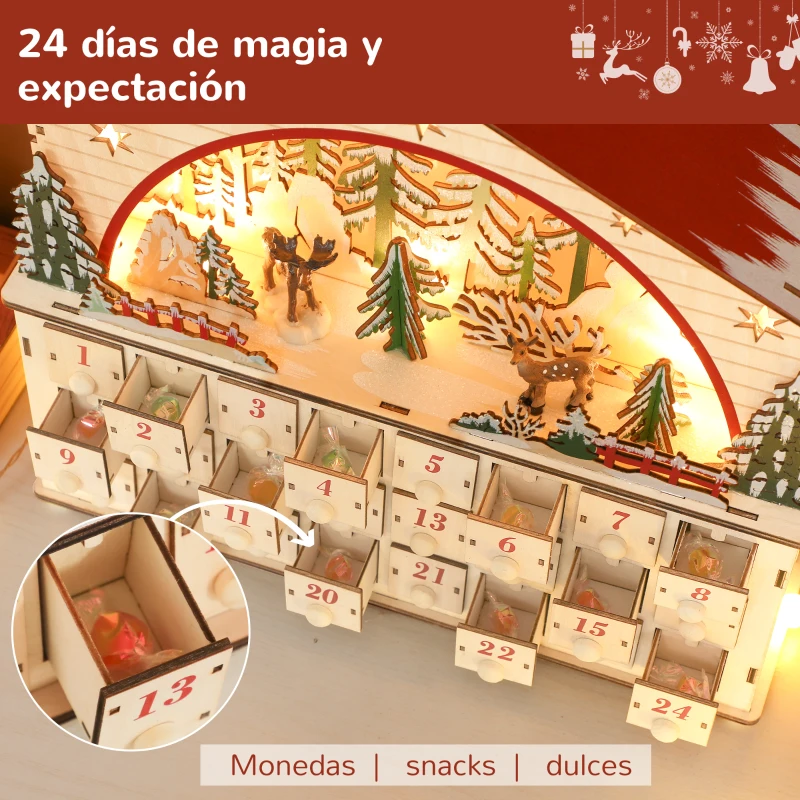 HOMCOM Calendario de Adviento para Rellenar de Madera con Luces LED 24 Cajones y Escena de Pueblo 36x10x34 cm Natural