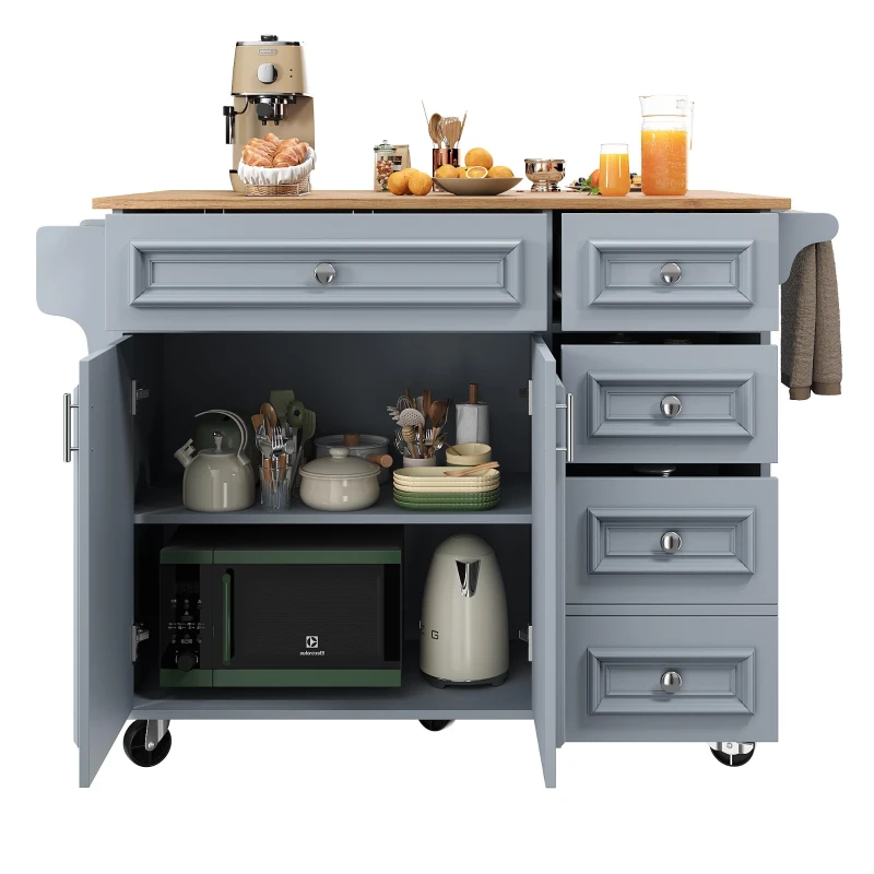 Multifunctional Kitchen Island with 3 Adjustable Shelves, Space-Saving Serving Trolley for Everyday Kitchen Use, 110L x 45-75W x 92H cm, Blue