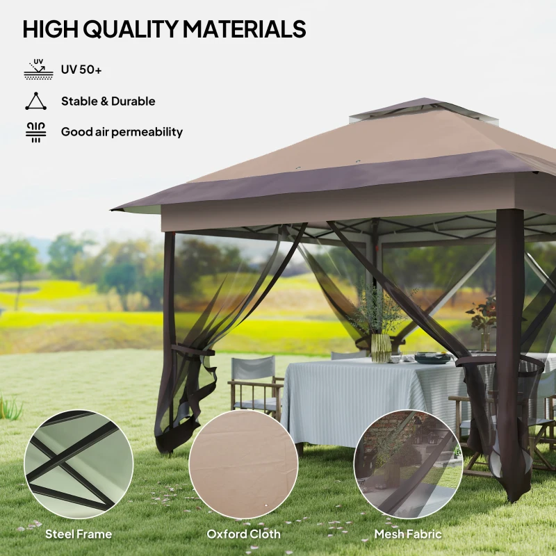 Outsunny 3.6 x 3.6 m Pop up Gazebo with Netting, Height Adjustable Party Tent Instant Canopy Sun Shade Shelter, Khaki