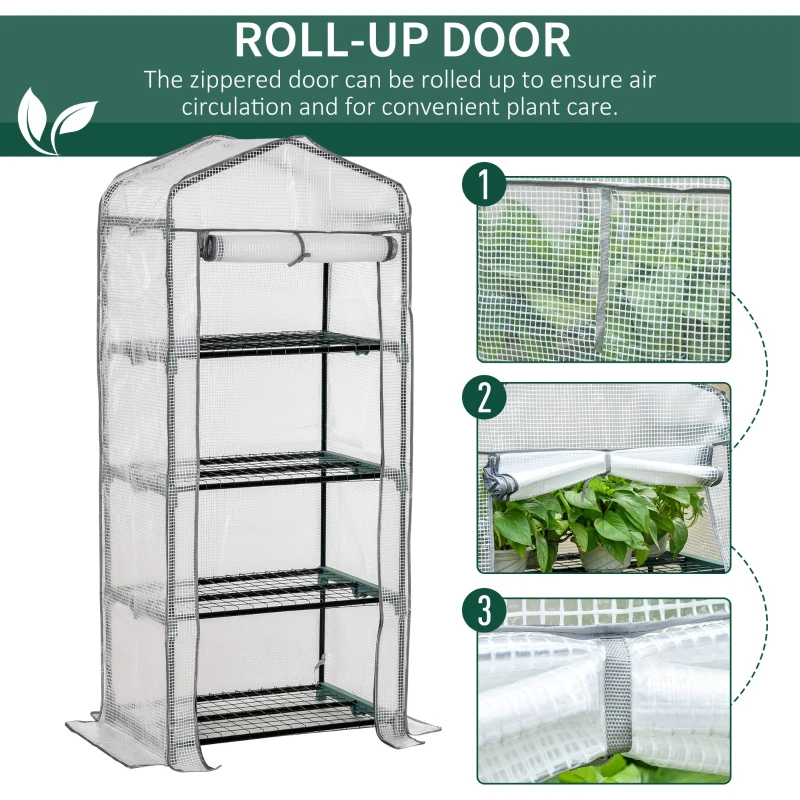 Outsunny 4 Tiers Mini Portable Greenhouse - Compact Plant Grow Shed with Metal Frame and PE Cover, 160H x 70L x 50W cm, White
