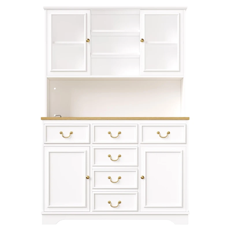 Tall Kitchen Cabinet with Integrated USB Ports & Ergonomic Worktop, Stylish Sideboard with Adjustable Shelves, 118L x 39.5W x 180H cm, White