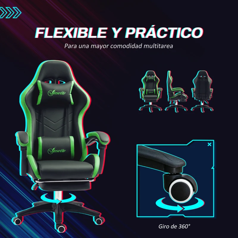 Vinsetto Silla Gaming de Cuero Sintético Reclinable 135° Reposacabezas y Reposapiés 65x65x121-129cm Negro y Verde