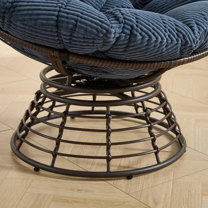 Poltrona Papasan, girevole a 360°, cuscino spesso(tessuto a coste), struttura in acciaio, 92x92x67 cm, Blu marino