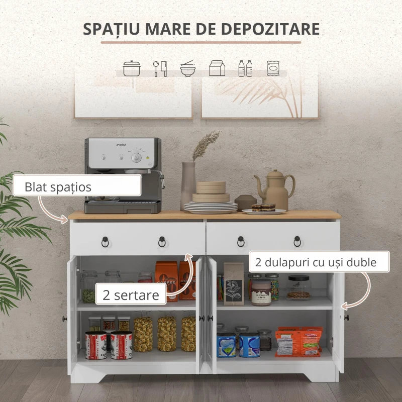 HOMCOM Bufet mobilier de depozitare dulap de bucătărie 2 sertare și 2 dulapuri rafturi la înălțimi reglabile alb