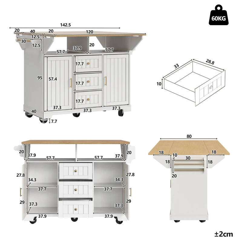 Extendable Kitchen Island with 3 Drawers, 2 Doors & Adjustable Shelves, Versatile Trolley for Prep and Dining, 120L x 40-80W x 95H cm, White