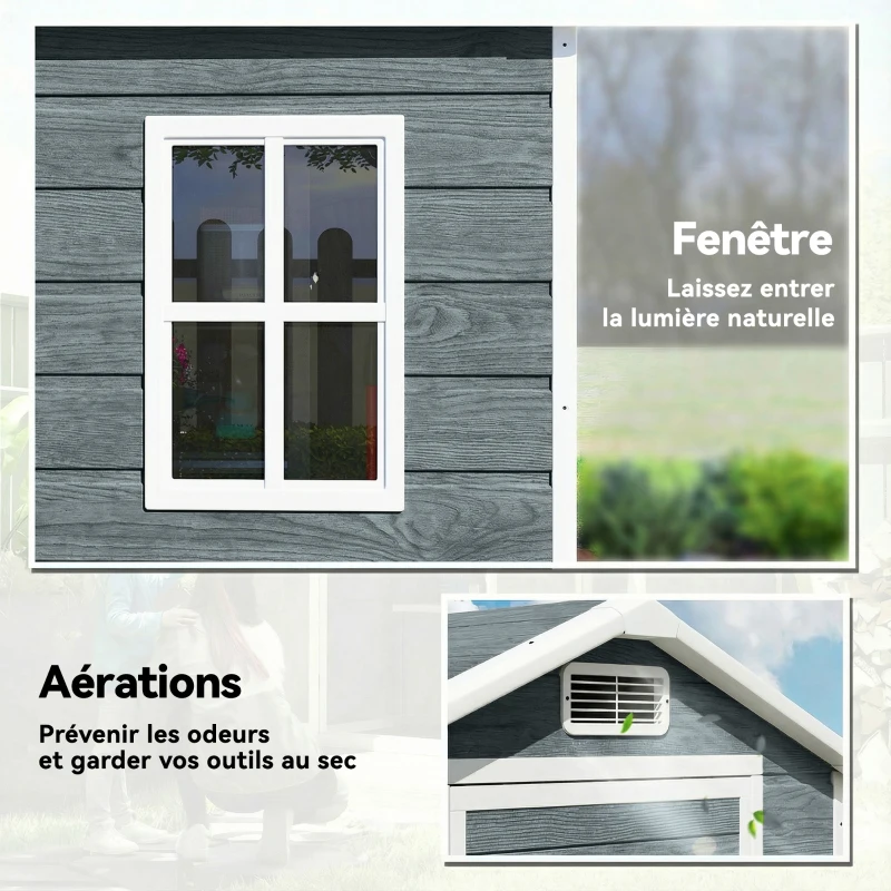 Outsunny Abri de jardin en plastique avec plancher porte verrouillable fenêtre et ventilation  128 x 104 x196 cm gris