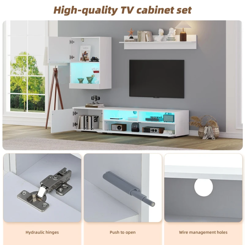 3-Piece TV Wall Unit Set with App-Controlled LED Lights, High-Gloss TV Cabinet Set for Modern Living Areas, 175L x 39W x 34H cm, White