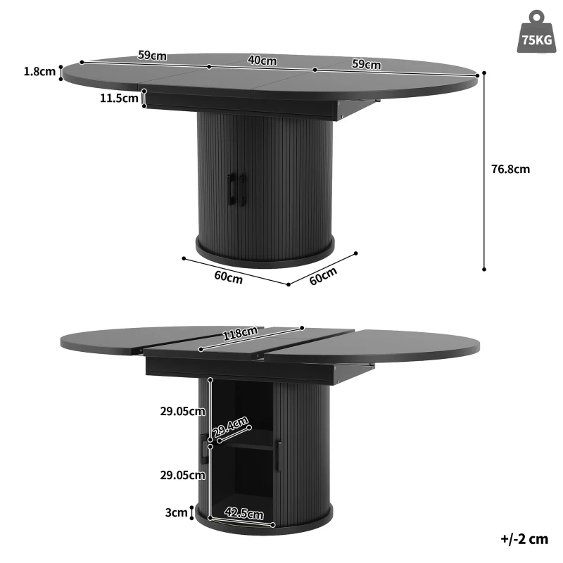 Extendable Dining Table with Curved Sliding Doors and 2 Shelves, Space-Saving Kichen Table for 6 People, 118L x 118W x 76H cm, Black