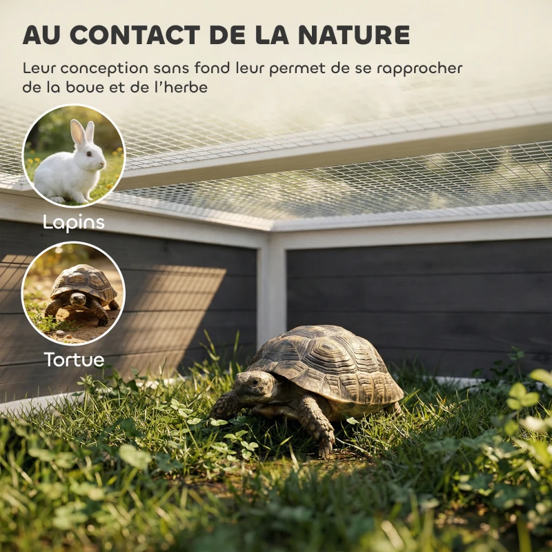 PawHut Maison Tortue Terrestre Habitat 2 Zones avec Double Toit Ouvrant Bitumé et Grillagé Fenêtre 113x106,5x44,5cm Gris Foncé