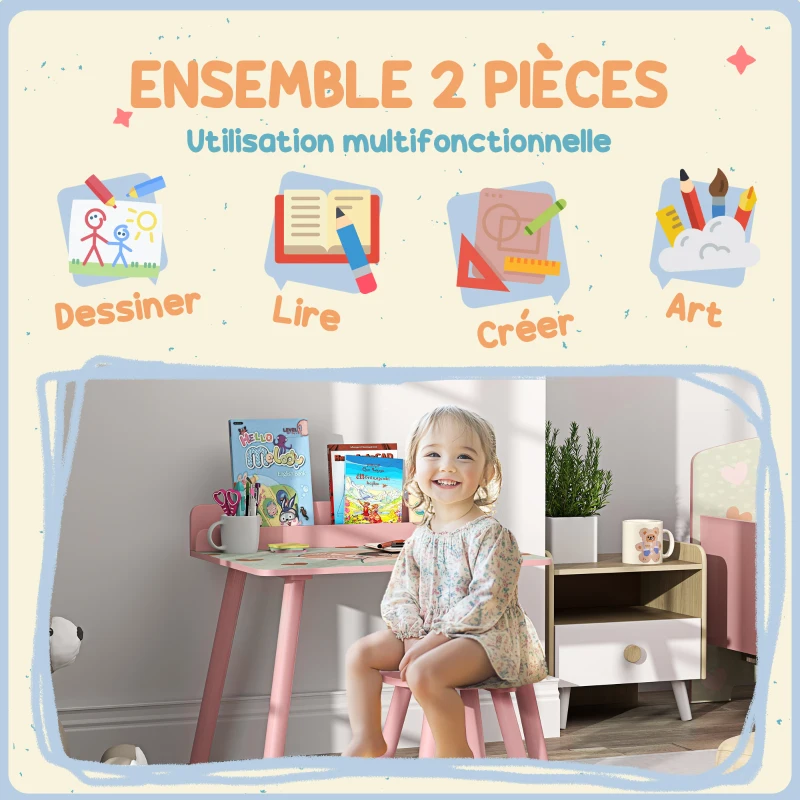 AIYAPLAY Ensemble table et chaise enfant table pour enfant avec chaise avec porte-livres motifs d'ours pour enfants 3-8 ans rose