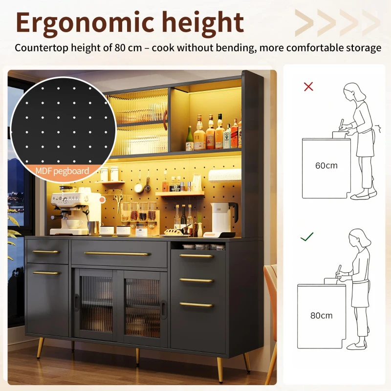 Modern Sideboard with App-Controlled LED Lighting and Music Mode, Tall Cabinet for Kitchen and Living Room, 145L x 39W x 171H cm, Black