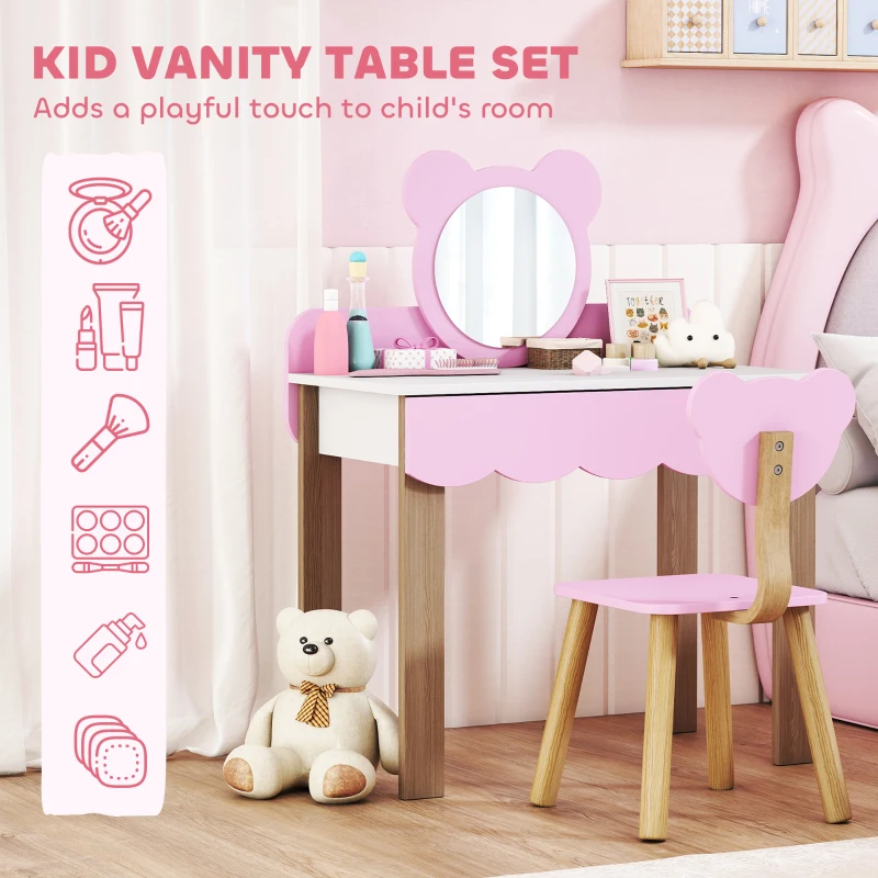 AIYAPLAY Two-Piece Kids Vanity Table Set with Mirror and Stool, Bear-Shaped Makeup Dressing Table Set with Drawer for Toddlers Ages 3-8 Years, Pink