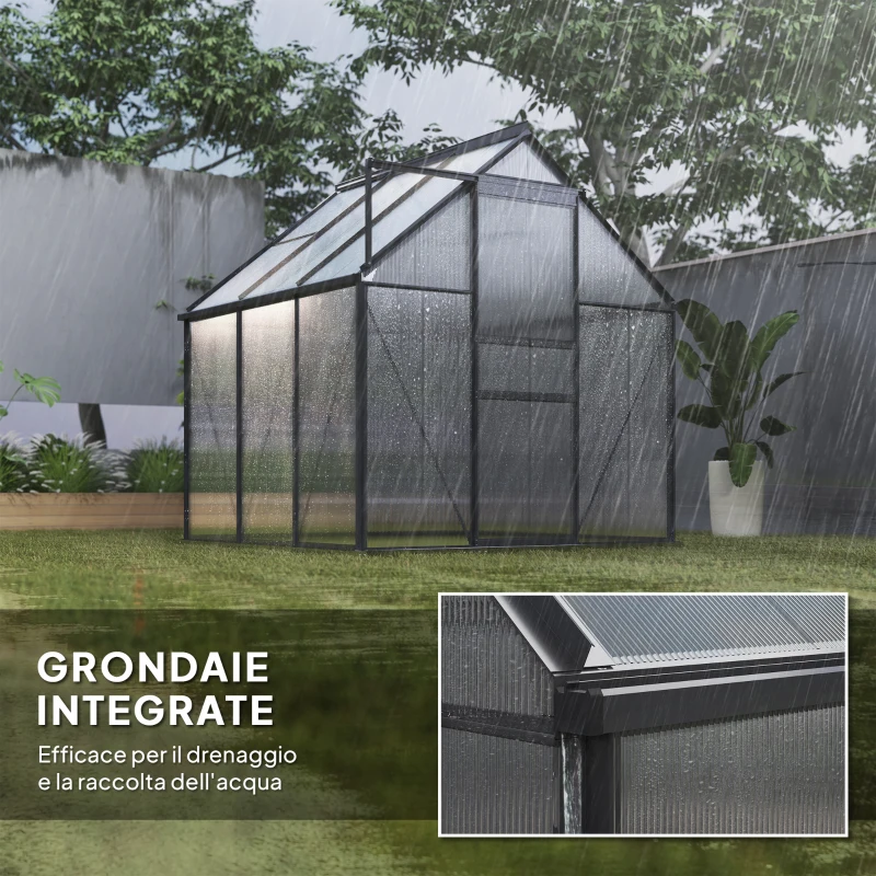 Outsunny Serra in Policarbonato e Alluminio con Porta a Battente e Finestra a Tetto, 3.6㎡, Grigio