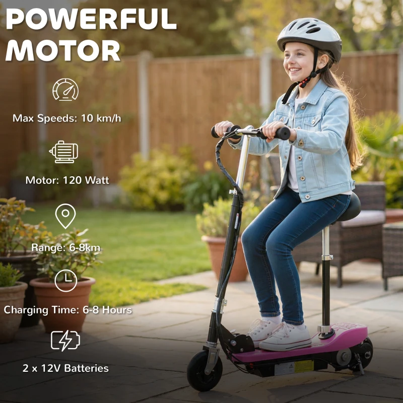HOMCOM Foldable Powered Scooter Ride on 12V 120W W/Brake Kickstand-Pink