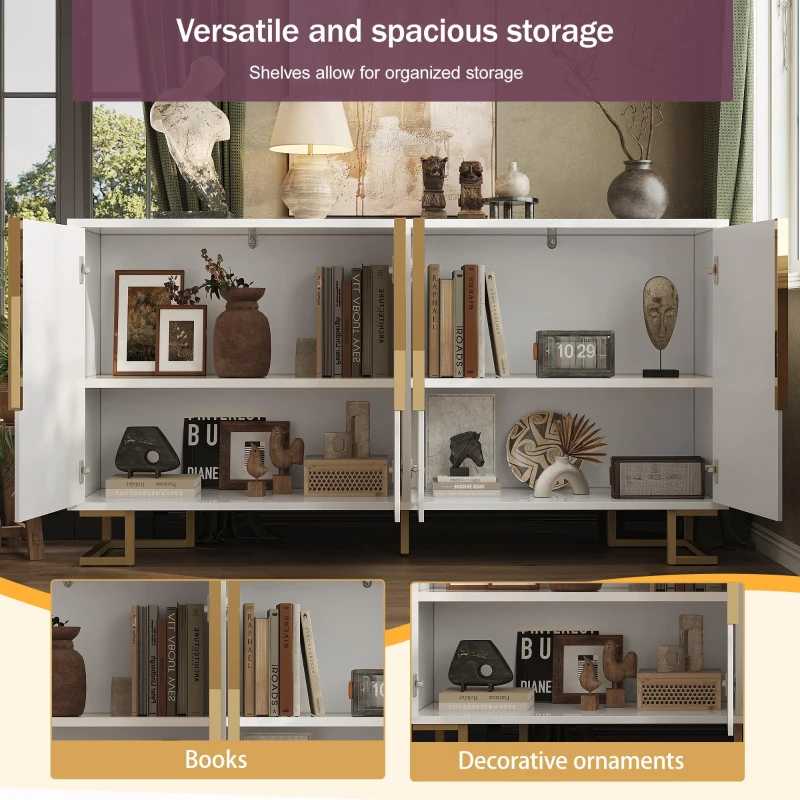 Stylish Sideboard with 2 Doors, 4 Shelves and Geometric Door Design, Durable Cabinet with Slim Metal Feet, 152L x 40W x 75H cm, White