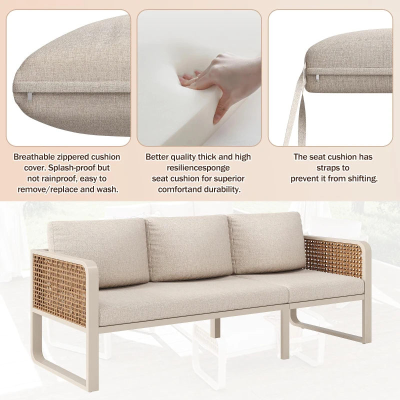 Modular Garden Lounge Set with Thick Elastic Foam Cushions, Versatile Garden Sofa Set with Glass Side Table, 178L x 61W x 76H cm, Beige