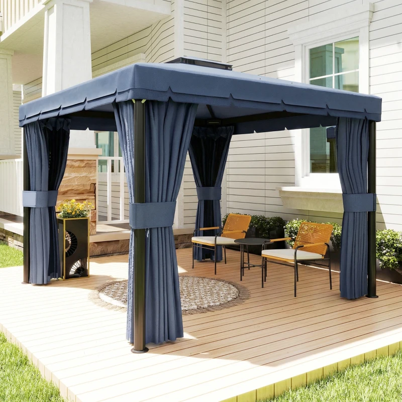 Outsunny 3 x 3(m) Patio Gazebo Canopy Garden Pavilion Tent Shelter Marquee with 2 Tier Roof, Netting and Curtains, Dark Blue