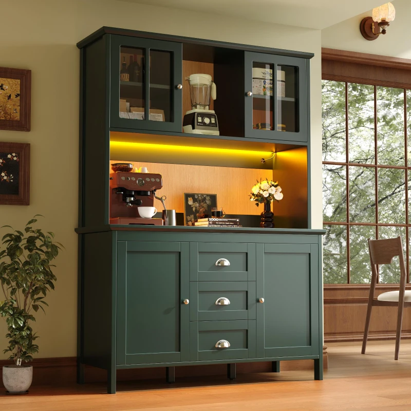 Smart Storage Cabinet with 4 Doors & 3 Drawers, Tall Sideboard with App-Controlled USB LED Lighting, 120L x 40W x 179H cm, Green