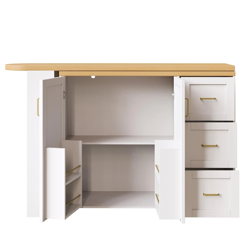 Multifunctional Kitchen Island for Dining & Living Areas, Extendable Bar Cart with 2 Doors & 3 Drawers, 135-228L x 39W x 104H cm, White