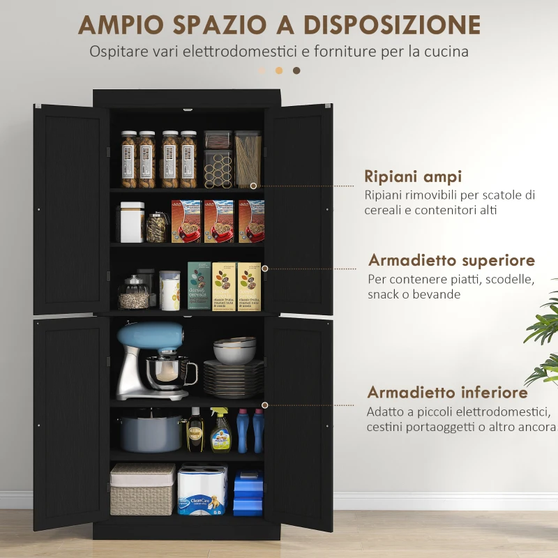 HOMCOM Mobile Cucina Alto con 6 Ripiani Regolabili e 4 Ante in Legno, 76x40.5x184 cm, Nero