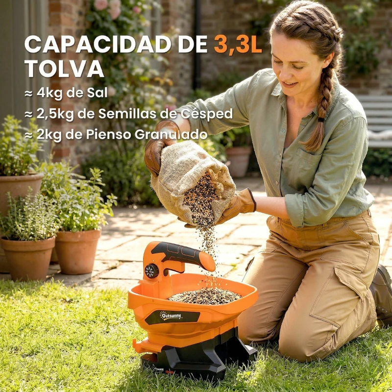 Outsunny Esparcidor Portátil 3,3 L 8 Niveles de Flujo Ancho Dispersión Ajustable Puerto USB para Césped Sal hasta 800 m² Naranja