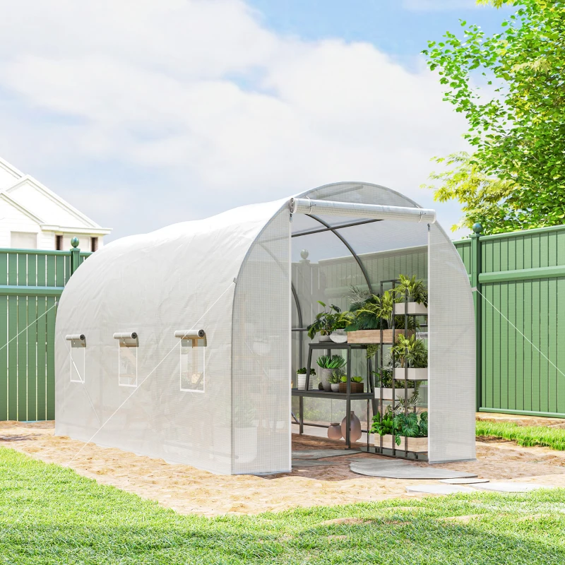 Outsunny Serre tunnel de jardin 7m², serre de jardin tunnel avec porte et 6 fenêtres, bâche PE 140 g/m² 350 x 200 x 200 cm blanc