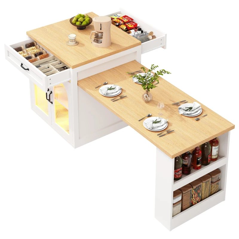 Extendable Kitchen Island with App-Controlled RGB Lighting, Versatile Storage Cabinet with Adjustable Shelf, 126-196L x 59W x 94H cm, White