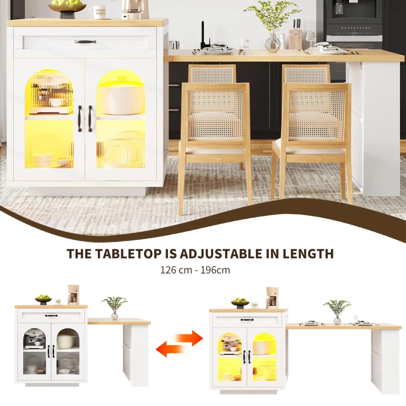 Extendable Kitchen Island with App-Controlled RGB Lighting, Versatile Storage Cabinet with Adjustable Shelf, 126-196L x 59W x 94H cm, White
