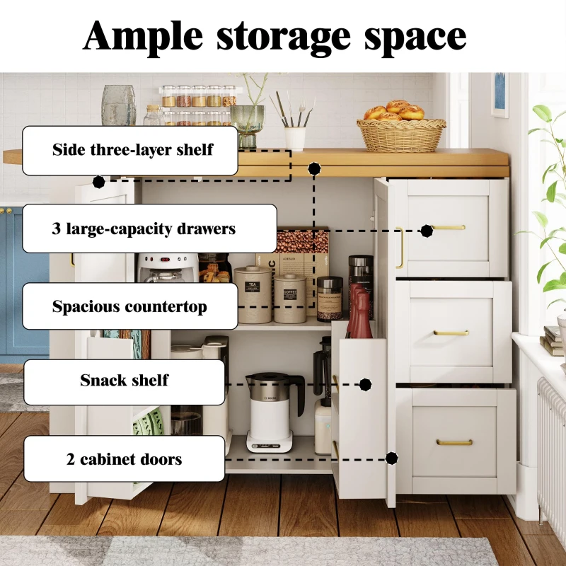 Multifunctional Kitchen Island for Dining & Living Areas, Extendable Bar Cart with 2 Doors & 3 Drawers, 135-228L x 39W x 104H cm, White