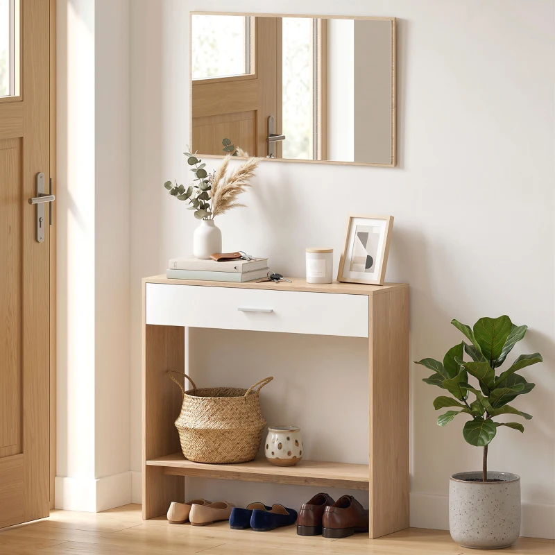 HOMCOM Consolă + oglindă, consolă îngustă cu sertar și etajeră, stil modern, 91,5 x 27,9 x 85,5 cm, stejar