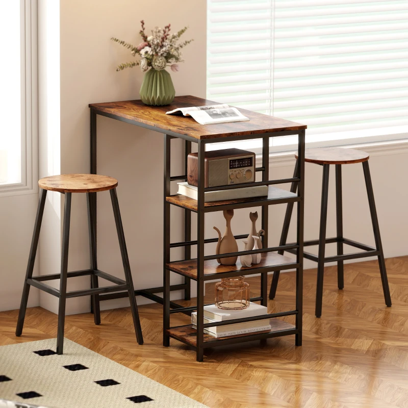 HOMCOM Table de bar mange-debout avec 3 étagères de rangement et cadre en acier, 90 x 50 x 90,5 cm, brun rustique, noir
