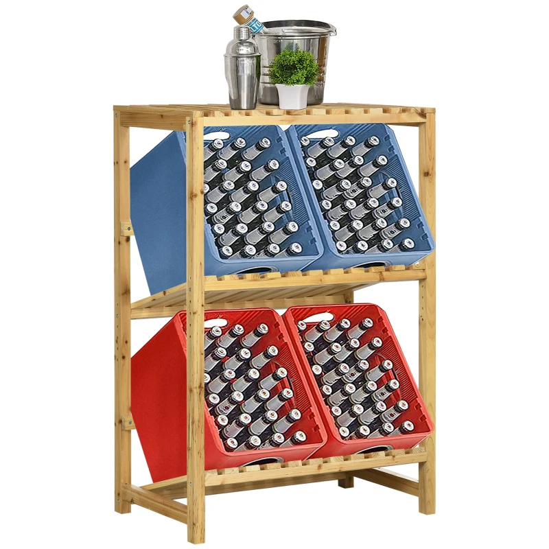 Outsunny Regał na skrzynki z napojami Stojak na 4 skrzynki Naturalne drewno 2 poziomy 74 x 45 x 111 cm