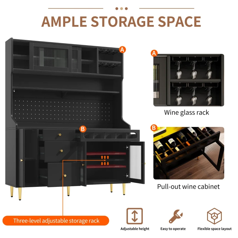 Modern Highboard with LED Lighting & Adjustable Shelves, Freestanding Cabinet with Pull-Out Wine Rack, 145L x 39W x 171H cm, Black