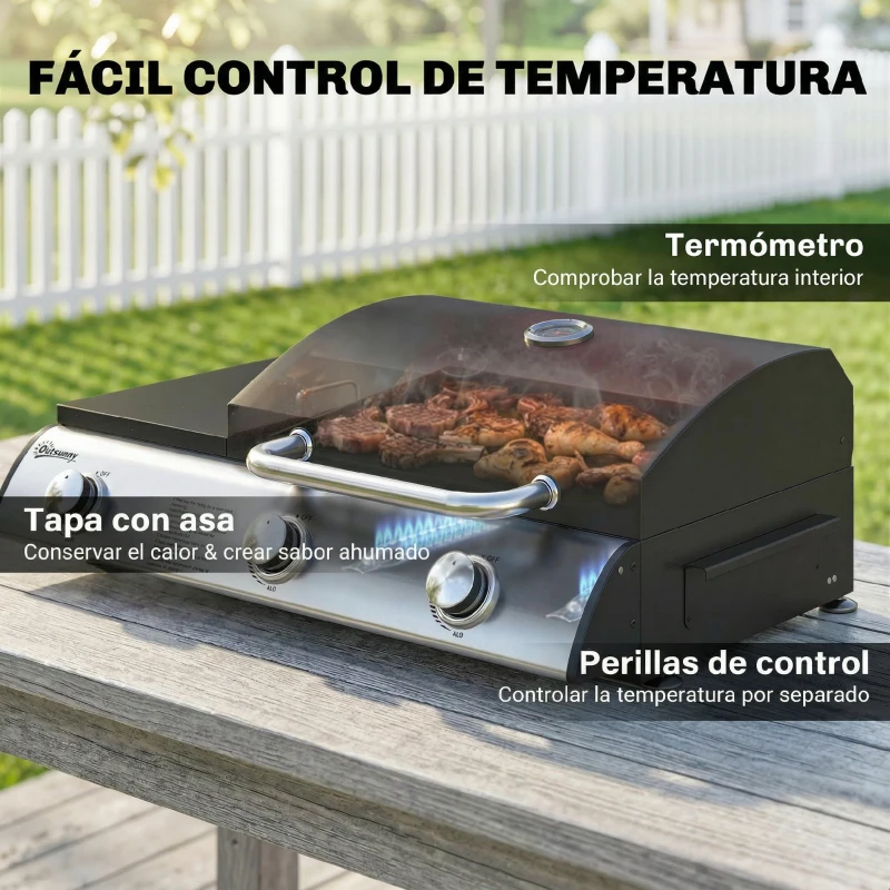 Outsunny Barbacoa de Gas BBQ Gas con 3 Quemadores 7,5 kW con Parrilla Plancha Estante Lateral Convertible Termómetro Negro