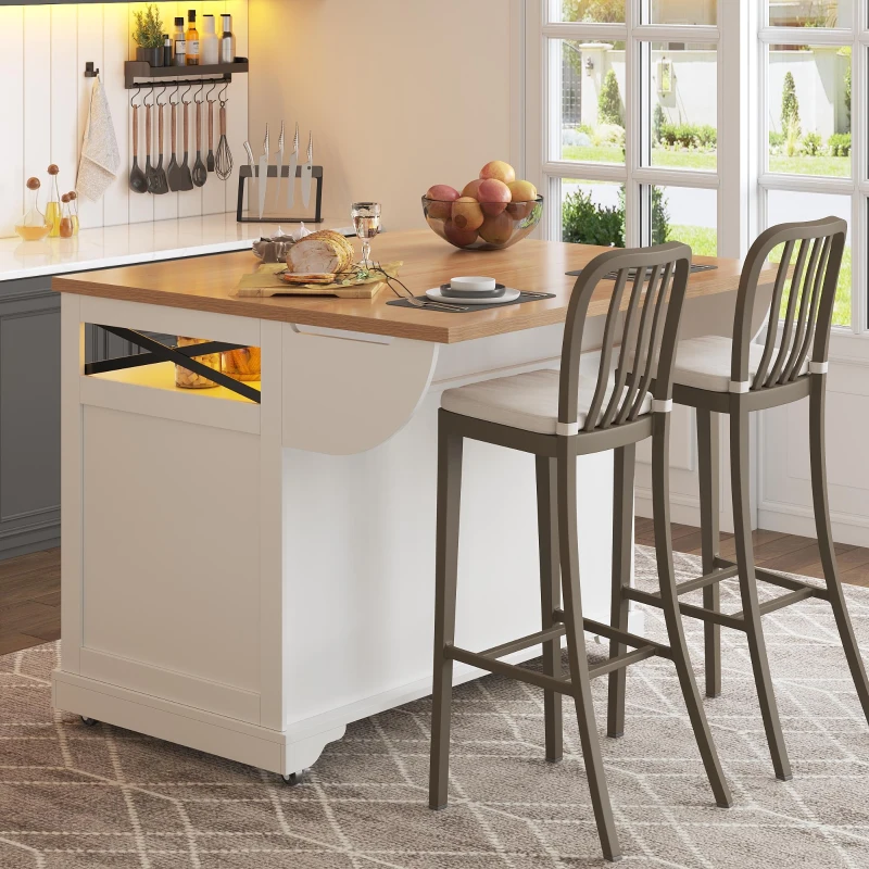 Mobile Kitchen Island with Drop-Leaf Table and Multi-Tier Snack Shelves, Serving Cart with App-Controlled LED, 120L x 72W x 98H cm, White