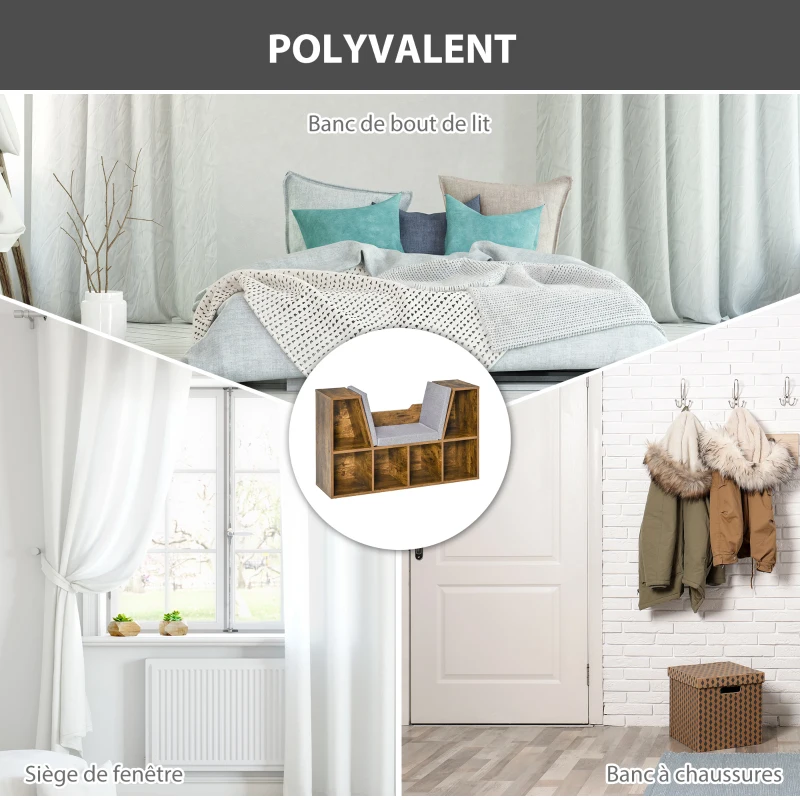 HOMCOM Bibliothèque banc 2 en 1 avec coussins de siège, étagère cube 6 compartiments ouverts, 102 x 30 x 61 cm, brun rustique