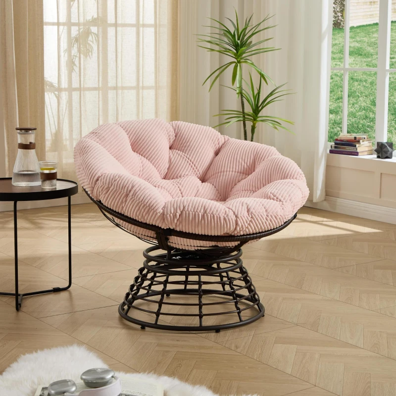 Poltrona Papasan, girevole a 360°, cuscino spesso(tessuto a coste), struttura in acciaio, 92x92x67 cm, Rosa