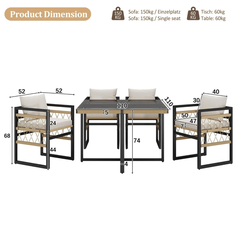 Hand-Woven Garden Sofa Set with Foam Cushions, Stylish Garden Lounge Set for 4 People, 110L x 110W x 74H cm, Beige+Black