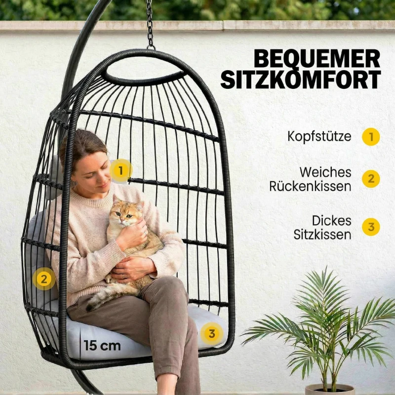 Outsunny Fotel wiszący z ramą, składany, kosz z Polyrattanu z poduszkami, pas bezpieczeństwa, podgłówek, paski, regulowana wysokość