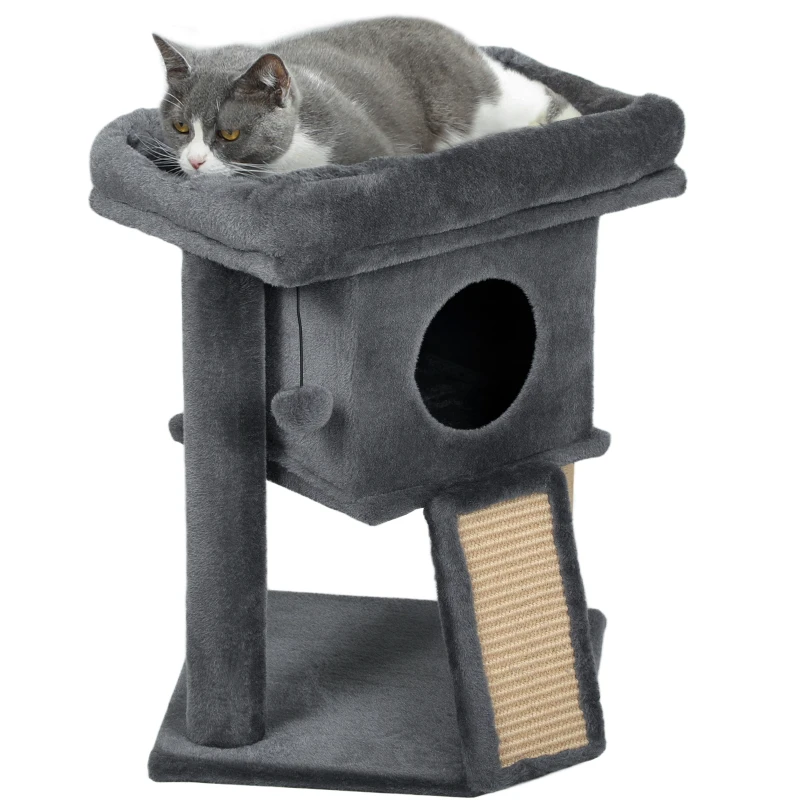 PawHut Árbol Rascador para Gatos Pequeños 57 cm con Rampa para Rascar Cueva Cama y Bola Colgante 40x40x57 cm Gris Oscuro