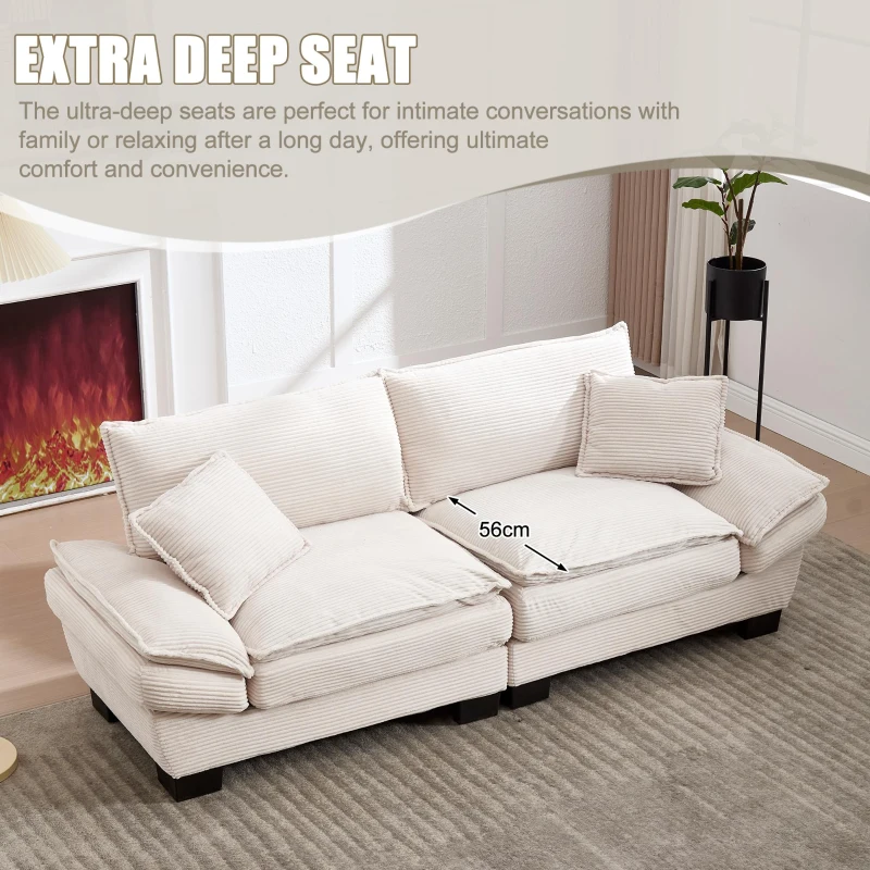 Oversized Cloud Sofa with Ergonomic High-Resilience Foam & 2 Lumbar Cushions, Modular Couch for 2 People, 224L x 81W x 81H cm, Beige