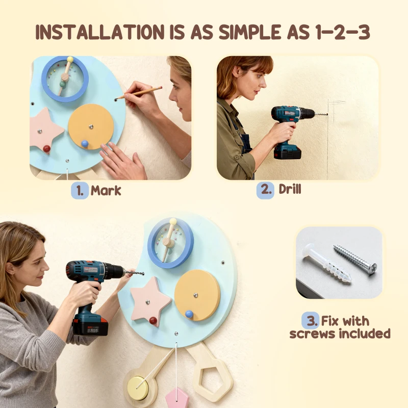 AIYAPLAY 7 w 1 Zabawka Montowana na Ścianie, Ksylofon, Koła Zębate, Design Gąsienicy, MDF, 108 cm, Kolorowa