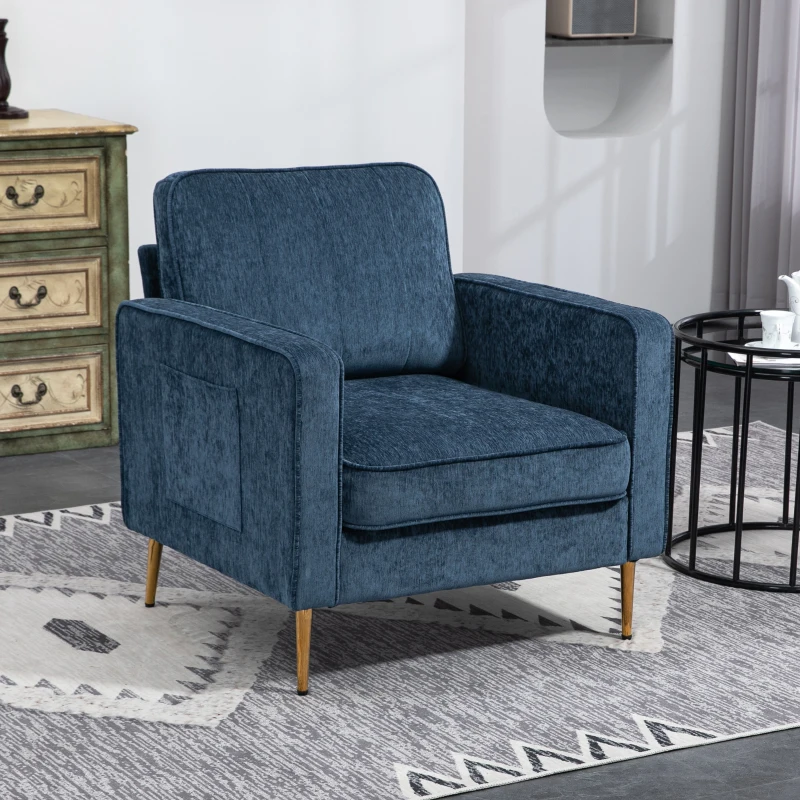 HOMCOM Fauteuil en tissu avec pieds en acier doré, grand confort, pochettes latérales, pour salon, bureau, chambre, bleu