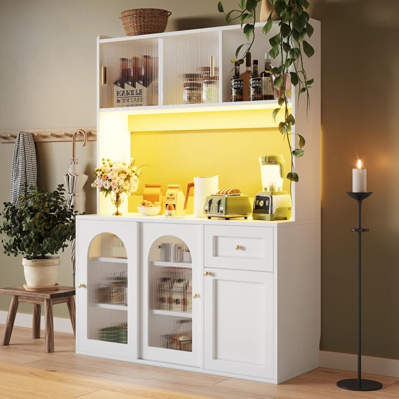 Stylish Kitchen Cabinet with App-Controlled LED and Music-Sync Lighting, Tall Buffet Sideboard for Living Area, 120L x 35W x 167H cm, White