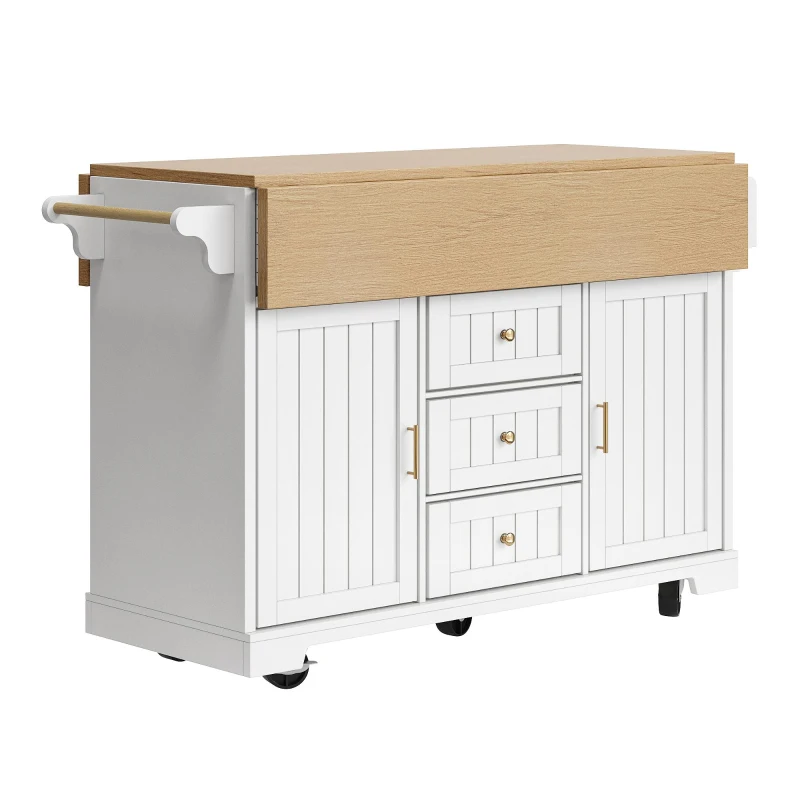 Extendable Kitchen Island with 3 Drawers, 2 Doors & Adjustable Shelves, Versatile Trolley for Prep and Dining, 120L x 40-80W x 95H cm, White