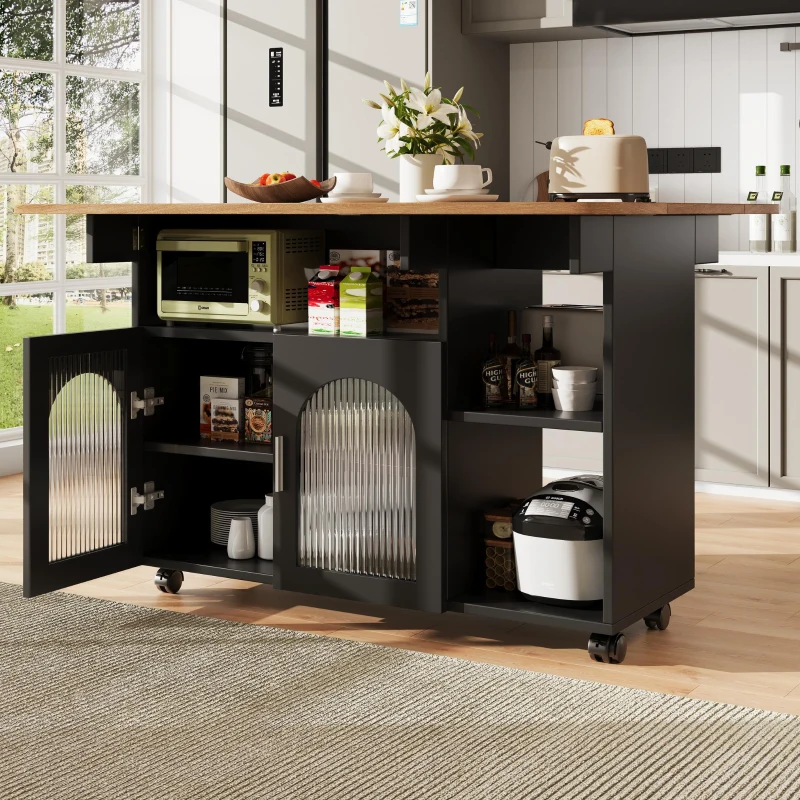 Mobile Kitchen Island with Folding Dining Tops and Storage, Multifunctional Dining Trolley for Modern Homes, 120L x 30-70W x 79.5H cm, Black
