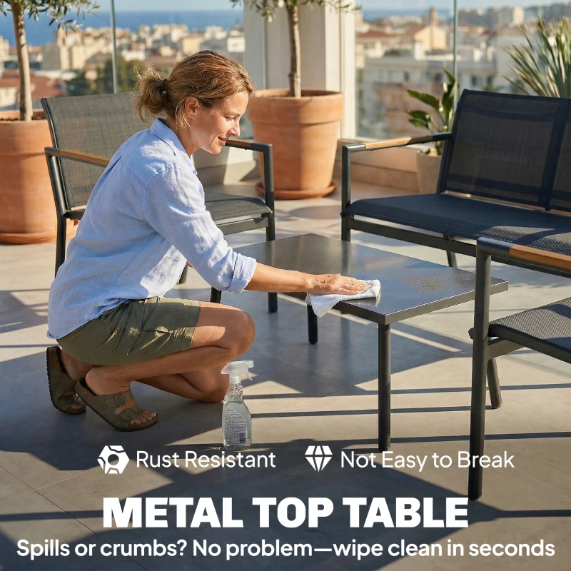 Outsunny 4 Seater Garden Furniture Set with Loveseat, Armchairs, Table, Metal Garden Sofa Set with Breathable Seats, Grey