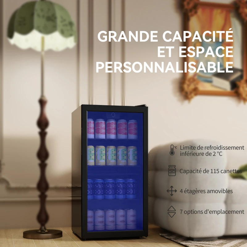 HOMCOM Réfrigérateur à boissons 93 L, frigo à boissons 115 canettes, porte vitrée, étagères réglables, éclairage LED, noir